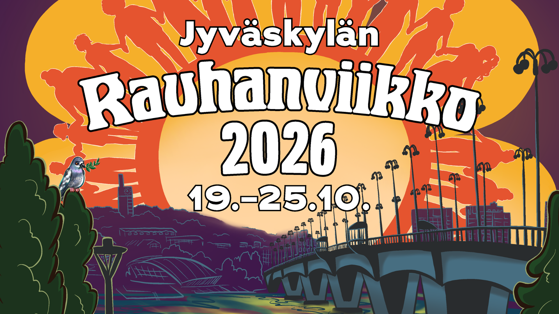 Jyväskylän Rauhanviikon hero-elementti. Värikäs julistepohja, jossa harmaasävyisen rauhankyyhkyn lisäksi aiheina on harjun vesitorni ja Kuokkalan silta, jotka ovat Jyväskylän maamerkkejä.