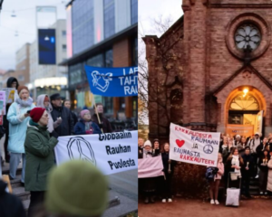 Kuvakollaasi: Vasemmalla kuva vuoden 2025 Rauhankulkueesta Jyväskylän kävelykadun Kompassilla ja oikealla vuoden 2025 rauhankävelyn osallistujista Jyväskylän kaupunginkirkon edessä Kirkkopuistossa.