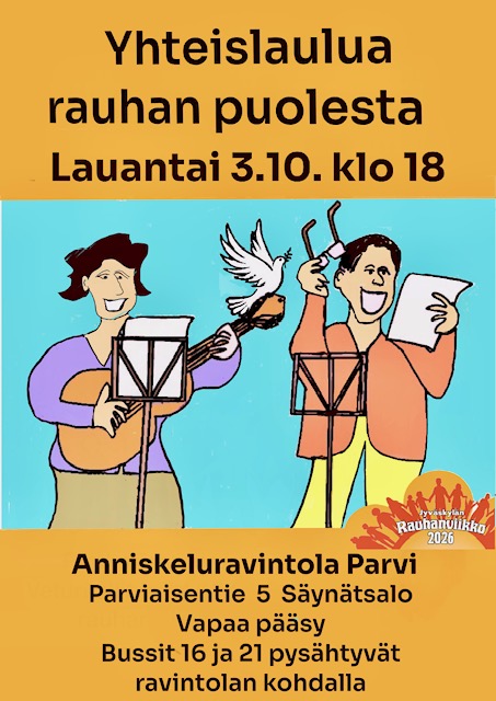 Kuva on piirros, jossa on kaksi ihmistä. Vasemmalla oleva soittaa kitaraa, jonka kaulalla istuu rauhankyyhky. Oikealla oleva laulaa kädessään olevasta paperista. Toisessa kädessään hän pitelee silmälaseja. Molemmilla ihmisillä on edessään nuottiteline.