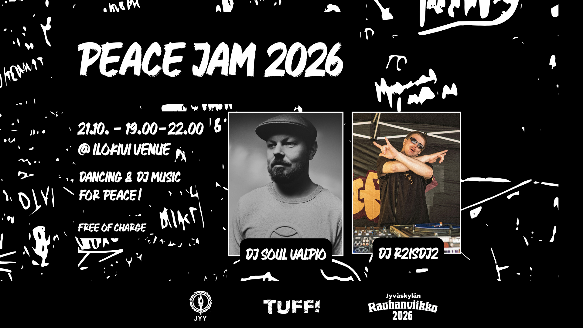 Kuva on mainos Peace Jam 2026 -tapahtumasta Ilokivi Venuella. Siinä on kaksi kuvaa henkilöistä, joista toisella on lippalakki, viikset ja parta, toisella aurinkolasit päässä ja kädet yläviistossa ristissä.